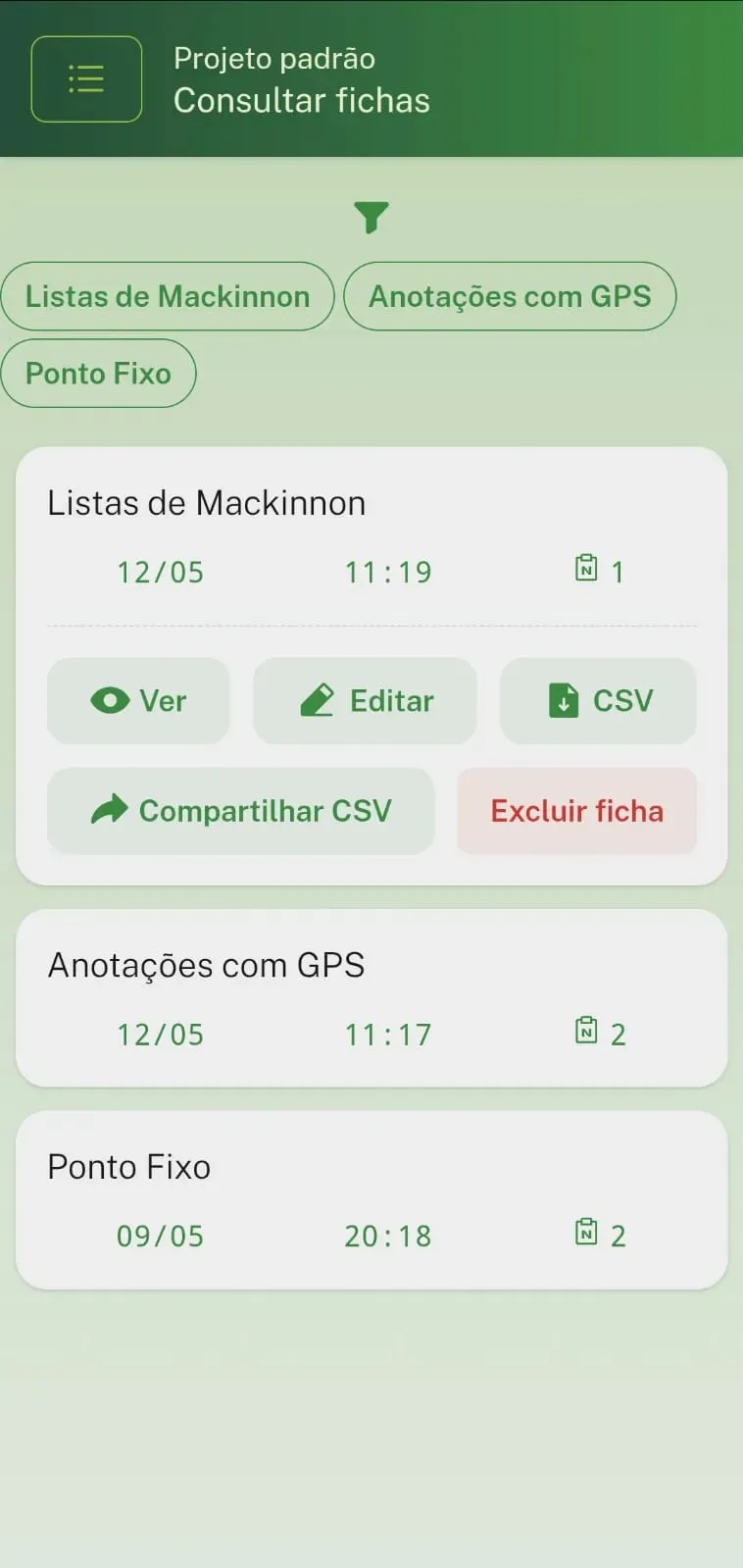 Lista de fichas