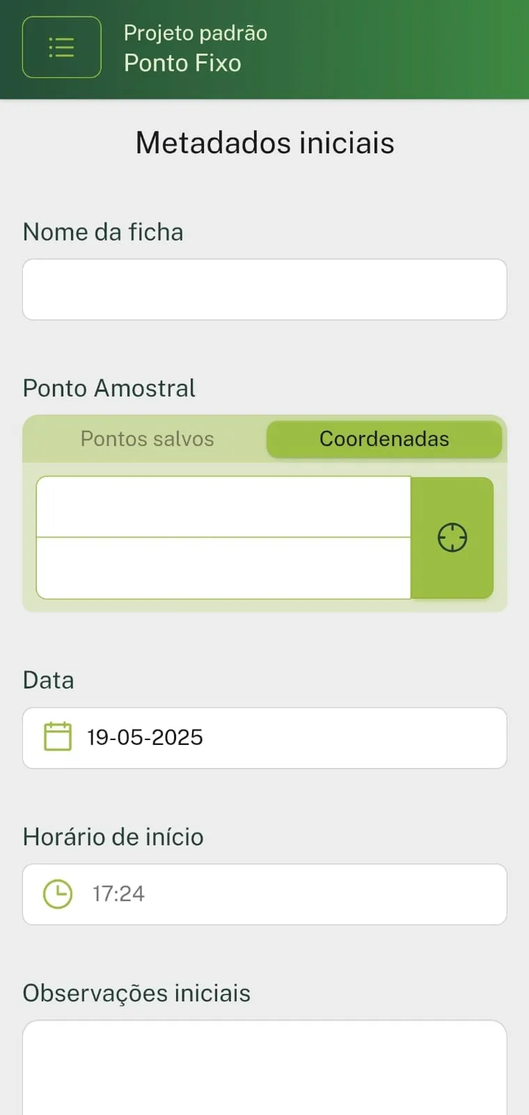 Tela de Metadados Iniciais