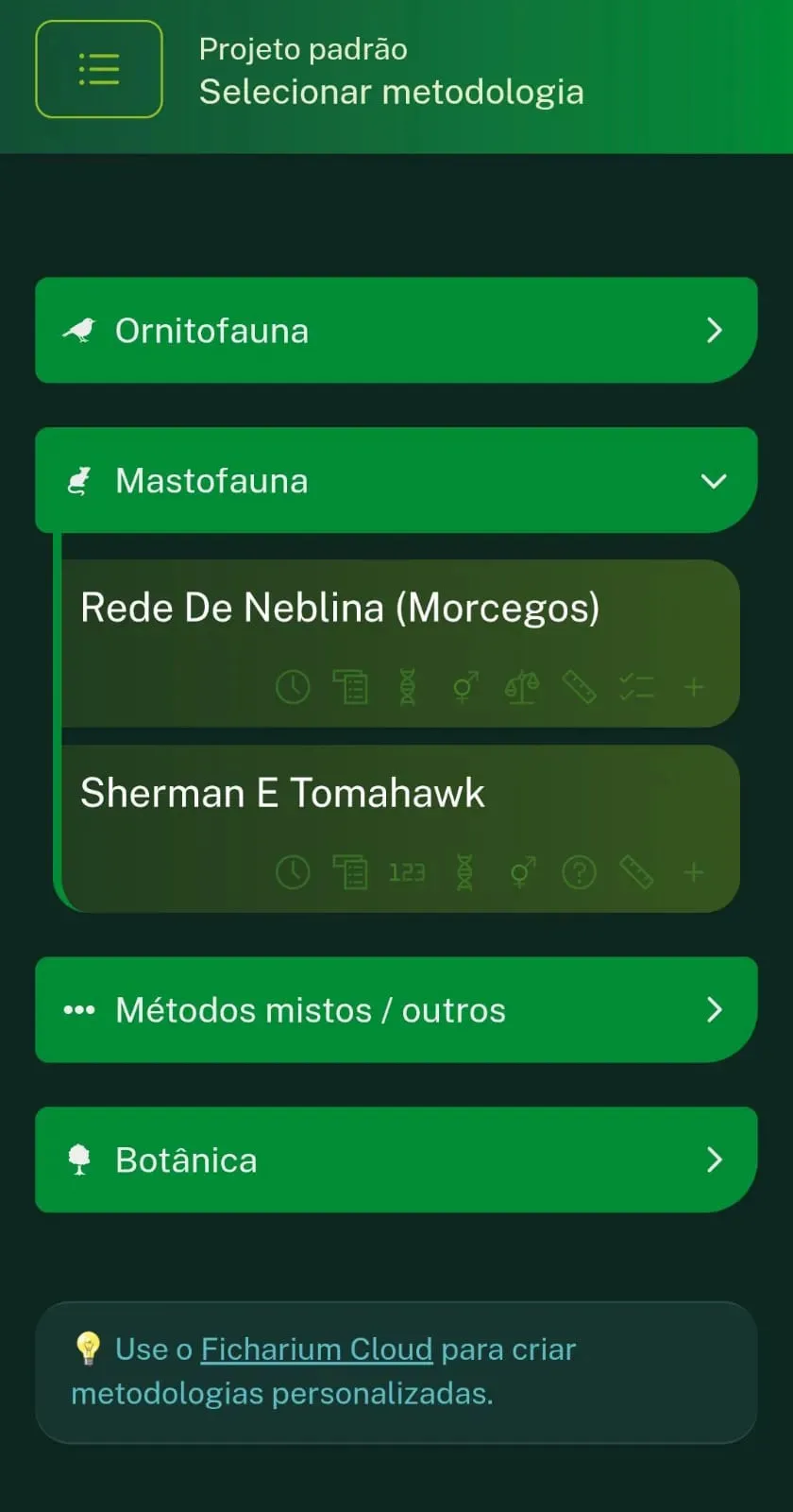Tela de seleção de metodologias